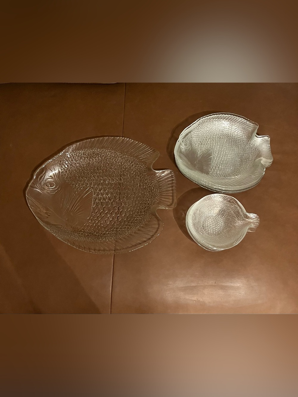 Vtg ARCOROC POISOON Clear Glass Fish Platter , Plates & Bowls Made in France